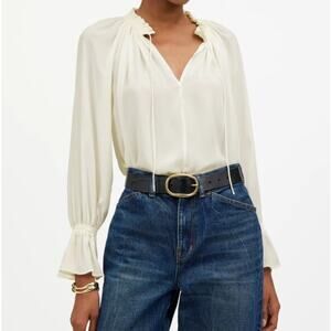 Madewell Nayla Boho Long-Sleeve Tie-Neck Top WMNS L White Ruffled Neck and Cuff